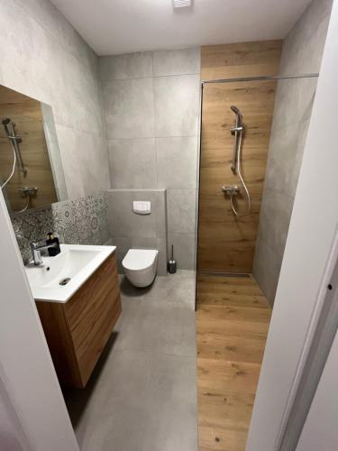 a bathroom with a shower and a toilet and a sink at ANETT Apartament nr 4 in Sulęcin