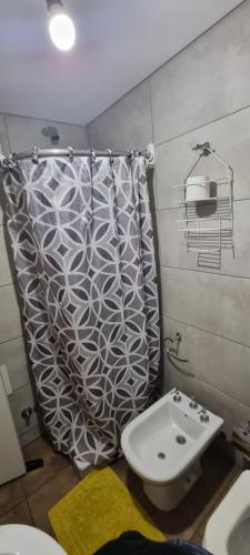 y baño con cortina de ducha y lavamanos. en COSTANERA APART 2 en San Salvador de Jujuy