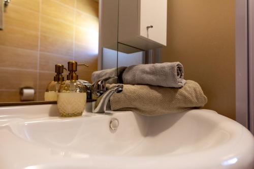 een wastafel met handdoeken en flessen erop bij Apartmani Rumora Gorski kotar in Tuk Vojni