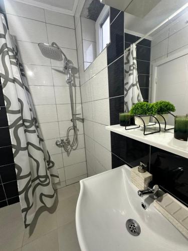 a white bathroom with a shower and a sink at Apartment Sunset Zone - Feels like home in Lozovo