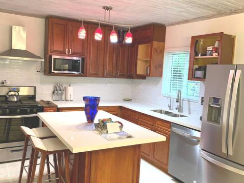 a kitchen with wooden cabinets and a kitchen island with a refrigerator at Suites Pineapple in Rock Sound