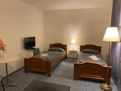 1 Schlafzimmer mit 2 Betten, einem TV und einer Lampe in der Unterkunft Emotion in Vlotho