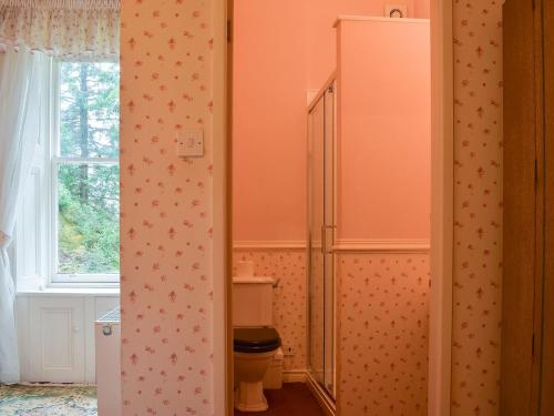 a bathroom with orange walls and a toilet and a window at Creag-ard House in Aberfoyle
