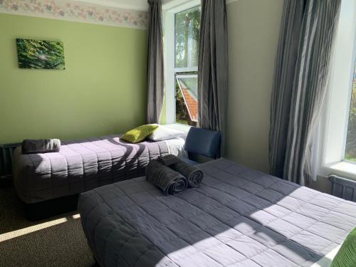 a bedroom with two beds and a window at Thomas's Catlins Lodge and Camp Ground in Owaka