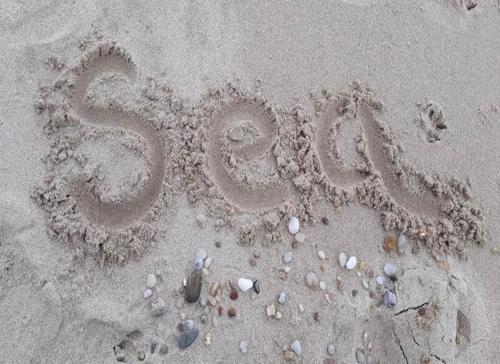 a sign written in the sand on the beach at Sandy Bottom in Filey