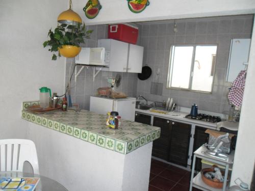 uma cozinha com uma bancada e um frigorífico em Rústica y armoniosa casa de campo cerca de las estacas em Ticumán