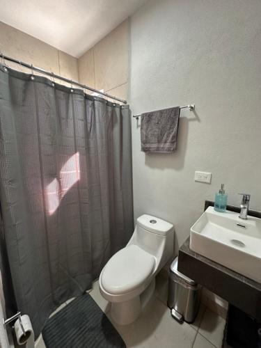 a bathroom with a toilet and a shower and a sink at Las Frayadas, Departamento con Rooftop y Piscina, a 7 min de la playa de Nuevo Vallarta in Mezcales