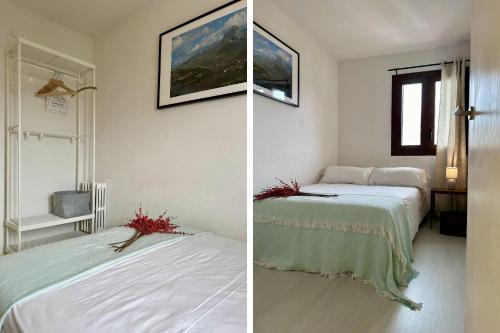 two pictures of a bedroom with two beds at Bosque. Con vistas a pistas. Pirineos360 in Formigal
