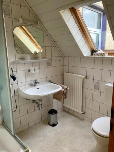a bathroom with a sink and a mirror and a toilet at Nordsee 403 in Wangerooge