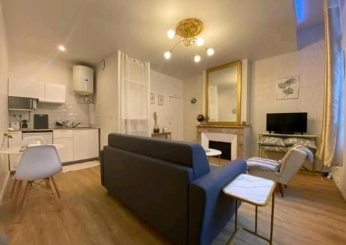un salon avec un canapé et une cuisine dans l'établissement Le Golden magnifique studio Toulouse centre, à Toulouse