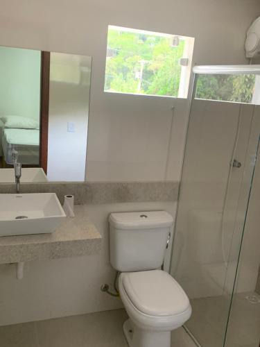 a bathroom with a toilet and a shower and a sink at Sítio - casa de campo in Domingos Martins