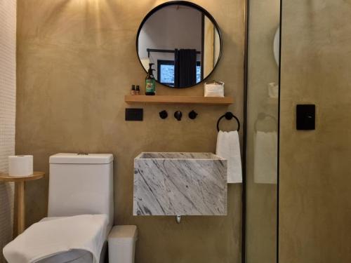 a bathroom with a toilet and a mirror at Casa Origenes in San Miguel de Allende