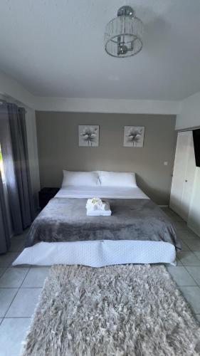 a bedroom with a large bed with a furry rug at DREAM STAY Studio in Vieux Fort
