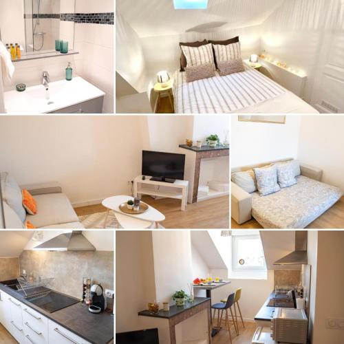 un collage de photos d'une chambre et d'un salon dans l'établissement L'étoile Grenobloise, à Grenoble