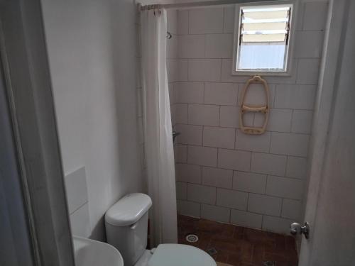 ein Bad mit einem weißen WC und einem Fenster in der Unterkunft Costa Margarita in El Tabo
