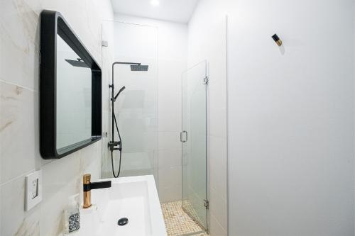 a bathroom with a shower and a sink and a mirror at Queen Loft in Nature in Toronto