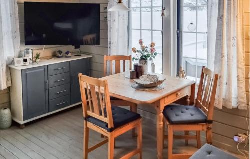 a kitchen with a wooden table with chairs and a television at Awesome Home In Laukvik With Kitchen in Laukvik