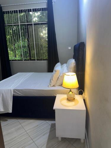 1 dormitorio con 1 cama y 1 lámpara en una mesa en Stay with Tiffany, en Dar es Salaam