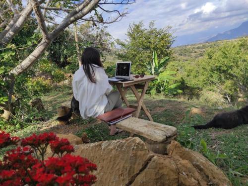 una mujer sentada en un escritorio con un portátil en Mirador Escondido del Chicamocha a 22km de Barichara, en Villanueva