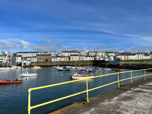 a group of boats in a harbor with buildings at Royal Atlantic View Apartment in Portrush
