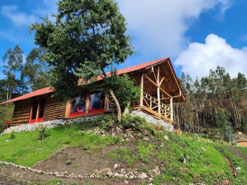 une maison au sommet d'une colline avec un arbre dans l'établissement Hermosa y Nueva Cabaña de campo - La Candelaria Farm House, à Cuenca