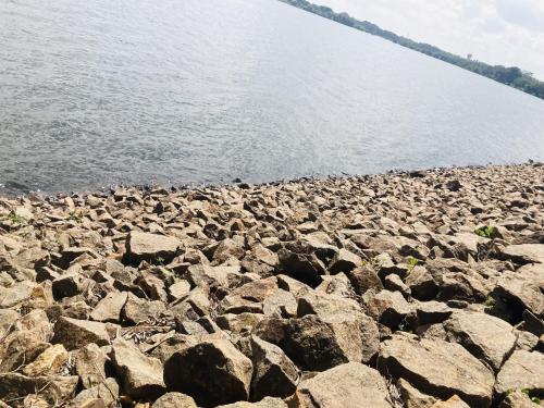 a large group of rocks next to the water at Nugasewana Guest in Anuradhapura