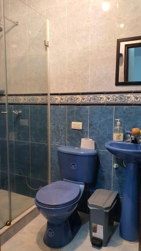 a bathroom with a blue toilet and a sink at Kiosco Azul - Apartamento amoblado cerca al mar in Ríohacha
