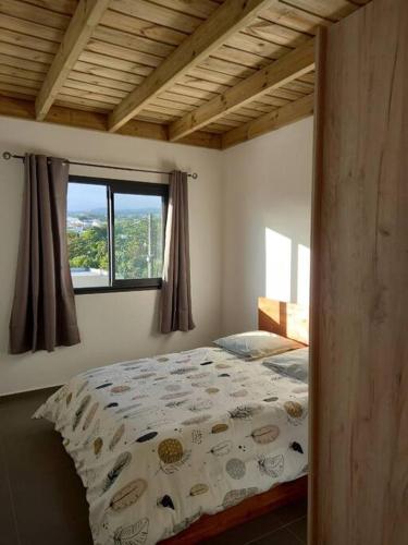 a bedroom with a bed with a comforter and a window at Villa Panoramique in Le Tampon