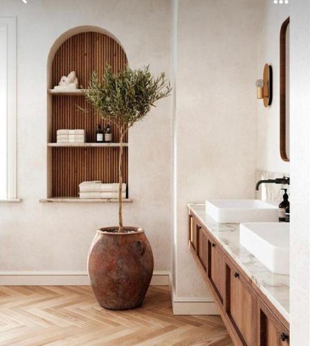 La salle de bains est pourvue d'un grand vase avec un arbre. dans l'établissement FOCH Ave - Arc de Triomphe #21, à Paris