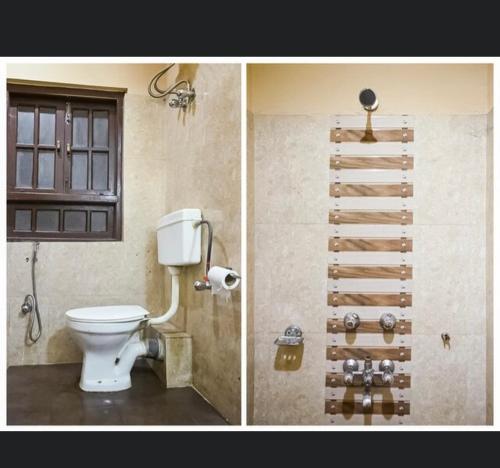 two pictures of a bathroom with a toilet and a shower at Hotel Stay Comfort inn in Gangtok