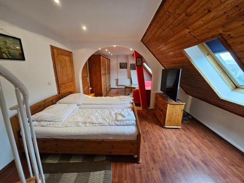 una camera con un letto e una televisione di Pension DonauBlick Grein 2 in Stifterstrasse19. (2 Apartment ) a Grein