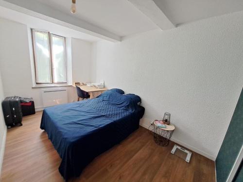 Un dormitorio con una cama con una manta azul. en L'Ostal, en Carcassonne