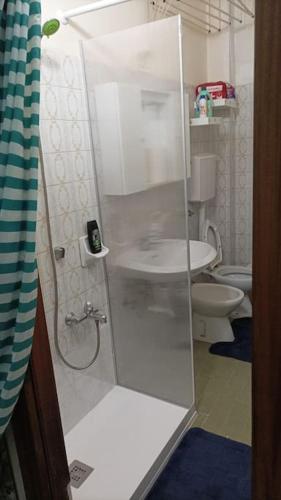 ein Bad mit einem WC und einer Glasdusche in der Unterkunft Bilocale Del Borgo - SELF CHECKIN H24 in Bologna