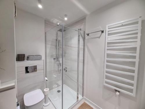 a white bathroom with a shower and a toilet at River Paradise with Parking in Szczecin