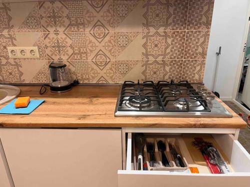 uma bancada de cozinha com uma placa de fogão numa cozinha em Cosy Apartment in Varketili em Samgori