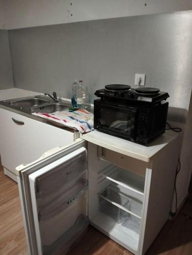 uma cozinha com um fogão e um micro-ondas no balcão em Appartement cosy et chaleureux em Morez