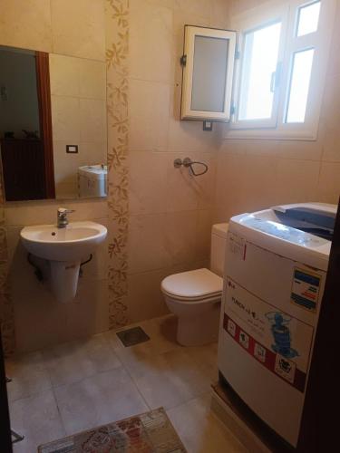 Luxury apartment in laurent في الإسكندرية: حمام مع حوض ومرحاض ونافذة
