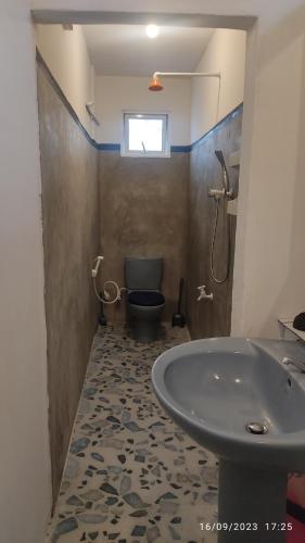 a bathroom with a toilet and a sink and a tub at Green House, Upstairs Apartment in Madihe East