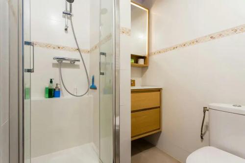 une salle de bain avec douche et toilettes dans l'établissement studio/F1 aux buttes Chaumont, à Paris
