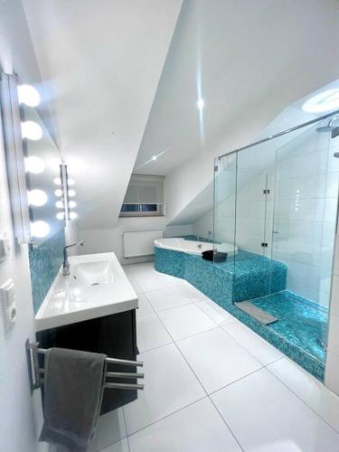ein Bad mit einem Waschbecken und einer Glasdusche in der Unterkunft Charmantes Loft in der Bayreuther City in Bayreuth