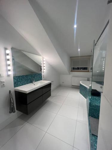 ein großes Bad mit einem Waschbecken und einem Spiegel in der Unterkunft Charmantes Loft in der Bayreuther City in Bayreuth