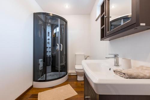 um banheiro com chuveiro e pia em Terrace View Apartment em Timişoara