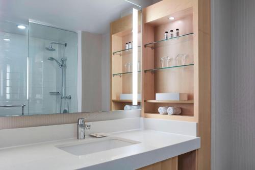 La salle de bains est pourvue d'un lavabo et d'un miroir. dans l'établissement Delta Hotels by Marriott Winnipeg, à Winnipeg