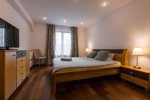 um quarto com uma cama grande e uma televisão em Terrace View Apartment em Timişoara