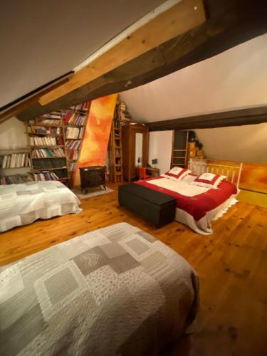 a bedroom with two beds and a book shelf at L Armance in Fublaines