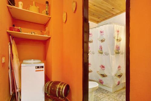 a bathroom with a toilet and a shower curtain at Casa Rural La Asomada in Vega de San Mateo