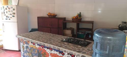 a kitchen with a counter with a stove and a refrigerator at Villa Margarita in Puerto Colombia