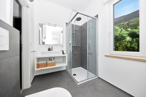 La salle de bains est pourvue d'une douche et d'un lavabo. dans l'établissement Lake View Luca Apartment, à Malcesine