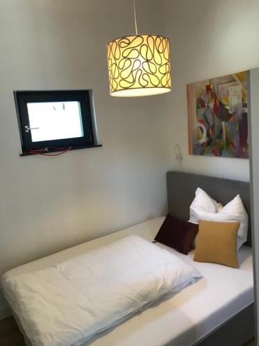 una camera con letto e TV a parete di Schöne 1,5 Zimmer Wohnung mit Aussenterrasse, Nice small 1,5 room flat with an outside terrace a Weichs