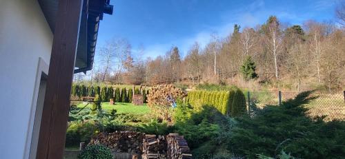 a view of a garden from a house at Domek na Cedrowej in Bierna
